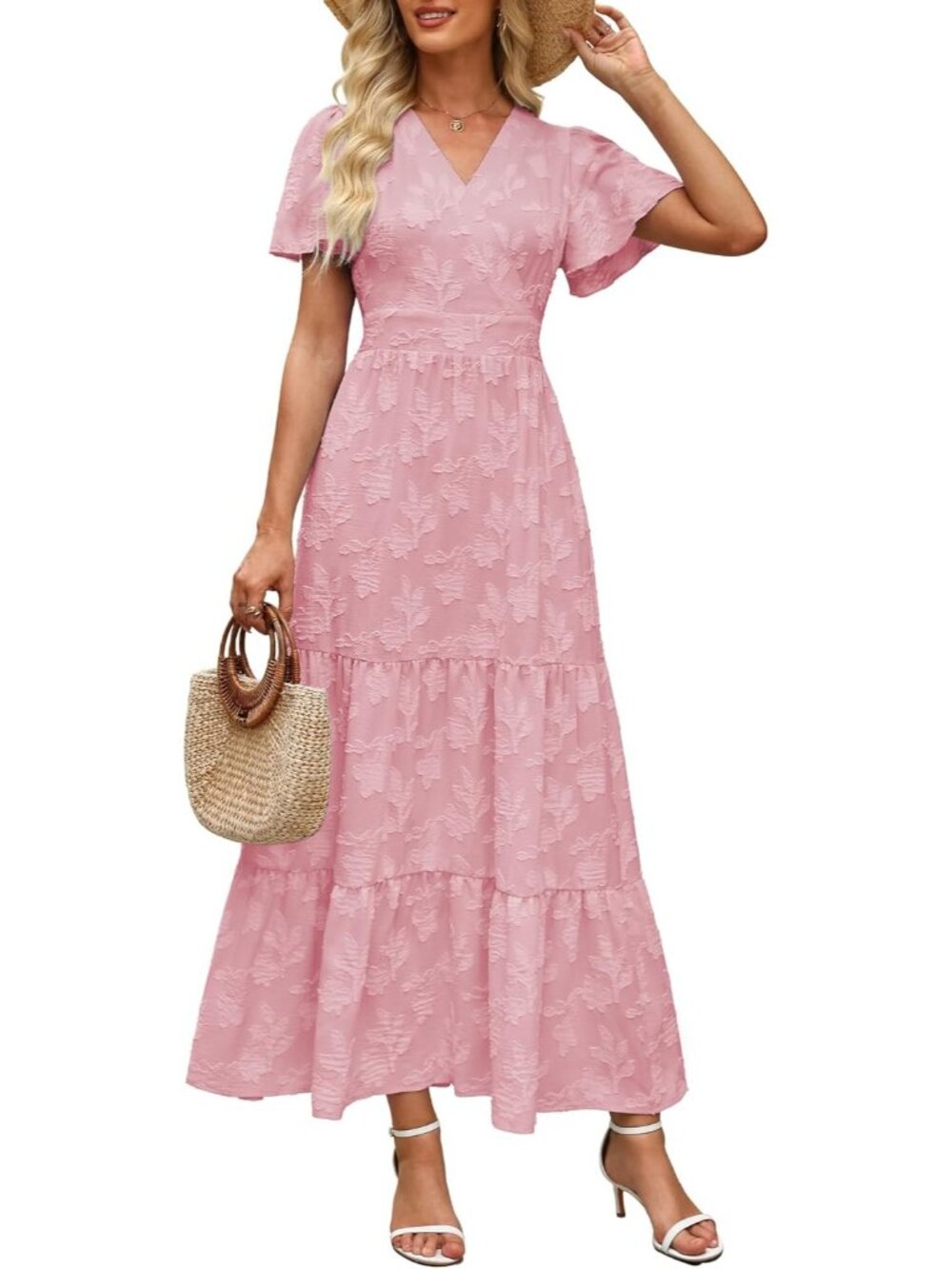 Women's Pink Short Flutter Sleeve V Neck Boho Floral Imported Maxi Dress